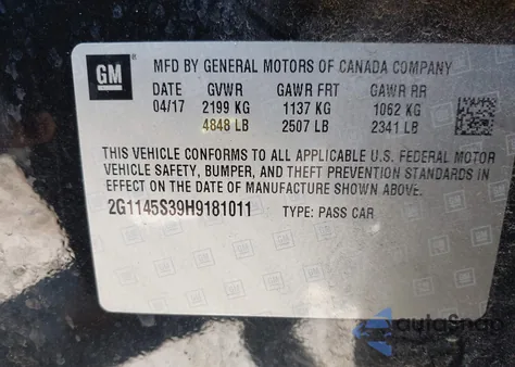 2017 Chevrolet Impala 2Lz из США, поврежденный, VIN 2G1145S39H9181011